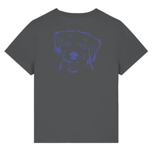 Blue outline illustration of the head of a Border Terrier on the back of an anthracite grey ladies t-shirt