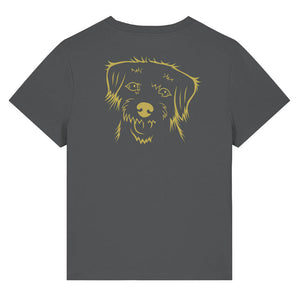 Gold outline illustration of the head of a Border Terrier on the back of an anthracite grey ladies t-shirt