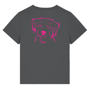 Magenta outline illustration of the head of a Border Terrier on the back of an anthracite grey ladies t-shirt