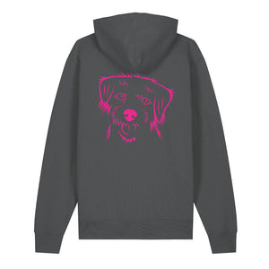 Magenta outline illustration of the head of a Border Terrier on the back of an anthracite grey unisex Hoodie