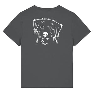 White outline illustration of the head of a Border Terrier on the back of an anthracite grey ladies t-shirt