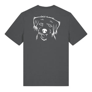 White outline illustration of the head of a Border Terrier on the back of an anthracite grey unisex t-shirt