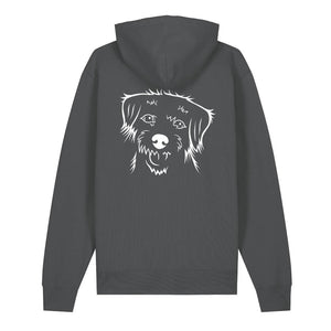 White outline illustration of the head of a Border Terrier on the back of an anthracite grey unisex Hoodie