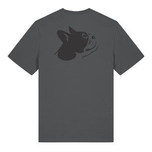 Black outline illustration of the head of a Boston Terrier on the back of an anthracite grey unisex t-shirt
