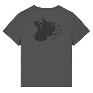 Black outline illustration of the head of a Boston Terrier on the back of an anthracite grey ladies t-shirt