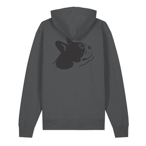Black outline illustration of the head of a Boston Terrier on the back of an anthracite grey unisex Hoodie
