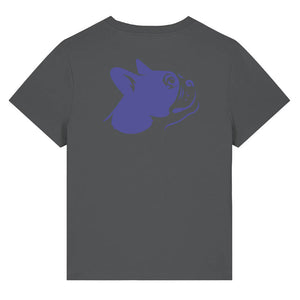 Blue outline illustration of the head of a Boston Terrier on the back of an anthracite grey ladies t-shirt