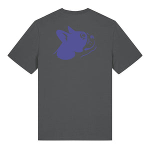 Blue outline illustration of the head of a Boston Terrier on the back of an anthracite grey unisex t-shirt