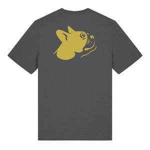 Gold outline illustration of the head of a Boston Terrier on the back of an anthracite grey unisex t-shirt