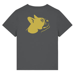 Gold outline illustration of the head of a Boston Terrier on the back of an anthracite grey ladies t-shirt