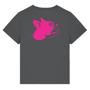 Magenta outline illustration of the head of a Boston Terrier on the back of an anthracite grey ladies t-shirt