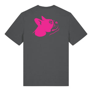Magenta outline illustration of the head of a Boston Terrier on the back of an anthracite grey unisex t-shirt
