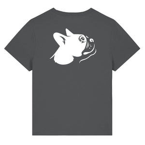 White outline illustration of the head of a Boston Terrier on the back of an anthracite grey ladies t-shirt