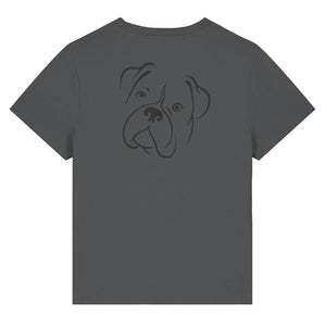 Black outline illustration of the head of a Boxer dog on the back of an anthracite grey ladies t-shirt