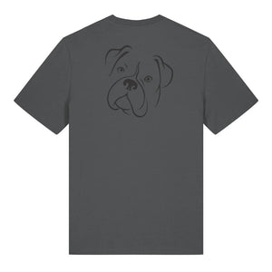 Black outline illustration of the head of a Boxer on the back of an anthracite grey unisex t-shirt