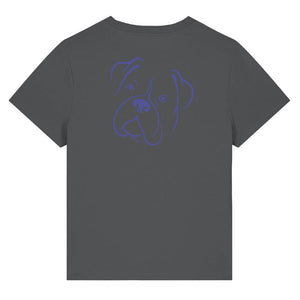 Blue outline illustration of the head of a Boxer dog on the back of an anthracite grey ladies t-shirt