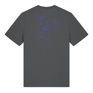 Blue outline illustration of the head of a Boxer on the back of an anthracite grey unisex t-shirt
