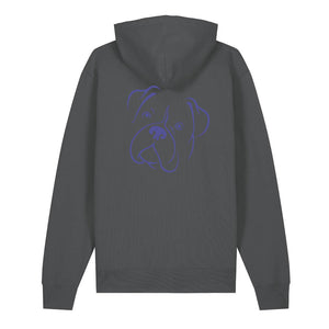 Blue outline illustration of the head of a Boxer on the back of an anthracite grey unisex Hoodie