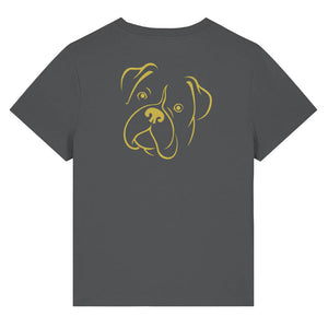 Gold outline illustration of the head of a Boxer dog on the back of an anthracite grey ladies t-shirt