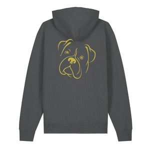 Gold outline illustration of the head of a Boxer on the back of an anthracite grey unisex Hoodie