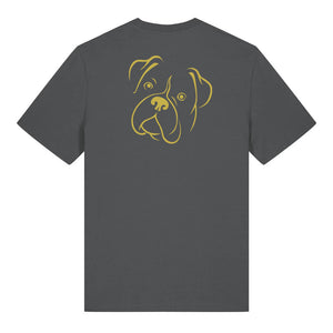 Gold outline illustration of the head of a Boxer on the back of an anthracite grey unisex t-shirt