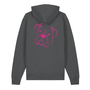 Magenta outline illustration of the head of a Boxer on the back of an anthracite grey unisex Hoodie