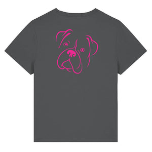 Magenta outline illustration of the head of a Boxer dog on the back of an anthracite grey ladies t-shirt