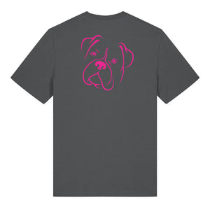 Magenta outline illustration of the head of a Boxer on the back of an anthracite grey unisex t-shirt