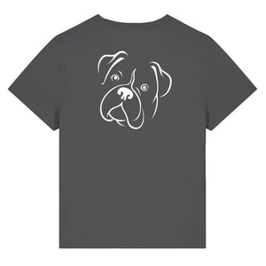 White outline illustration of the head of a Boxer dog on the back of an anthracite grey ladies t-shirt