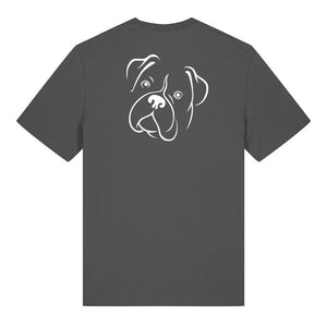 White outline illustration of the head of a Boxer on the back of an anthracite grey unisex t-shirt