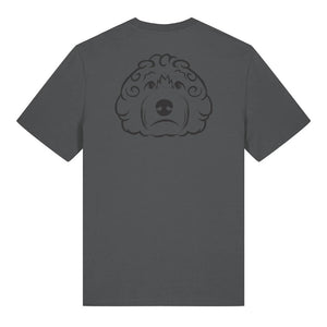 Black outline illustration of the head of a Cockapoo on the back of an anthracite grey unisex t-shirt