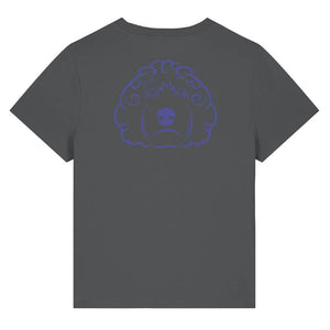 Blue outline illustration of the head of a Cockapoo dog on the back of an anthracite grey ladies t-shirt
