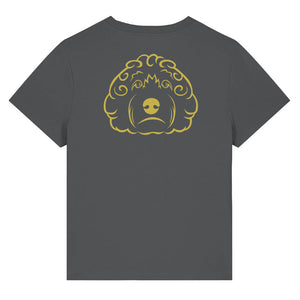 Gold outline illustration of the head of a Cockapoo dog on the back of an anthracite grey ladies t-shirt