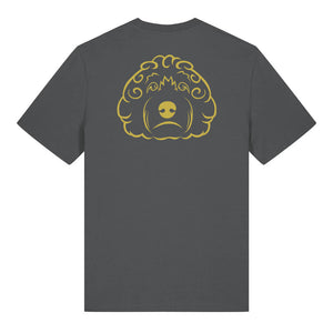 Gold outline illustration of the head of a Cockapoo on the back of an anthracite grey unisex t-shirt