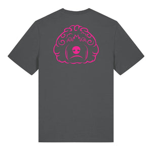 Magenta outline illustration of the head of a Cockapoo on the back of an anthracite grey unisex t-shirt