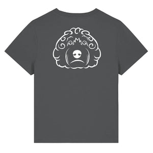 White outline illustration of the head of a Cockapoo dog on the back of an anthracite grey ladies t-shirt