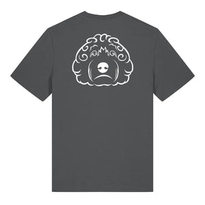 White outline illustration of the head of a Cockapoo on the back of an anthracite grey unisex t-shirt