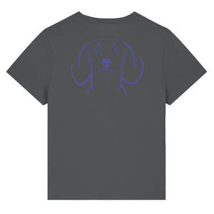 Blue outline illustration of the head of a Dachshund on the back of an anthracite grey ladies t-shirt