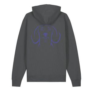 Blue outline illustration of the head of a Dachshund on the back of an anthracite grey unisex Hoodie