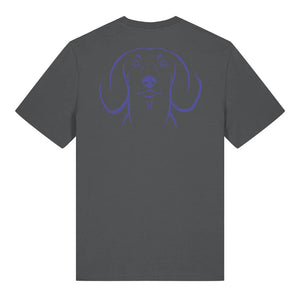 Blue outline illustration of the head of a Dachshund on the back of an anthracite grey unisex t-shirt