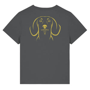 Gold outline illustration of the head of a Dachshund on the back of an anthracite grey ladies t-shirt