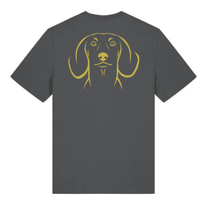 Gold outline illustration of the head of a Dachshund on the back of an anthracite grey unisex t-shirt