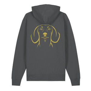 Gold outline illustration of the head of a Dachshund on the back of an anthracite grey unisex Hoodie