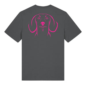 Magenta outline illustration of the head of a Dachshund on the back of an anthracite grey unisex t-shirt