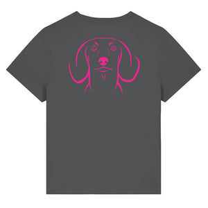 Magenta outline illustration of the head of a Dachshund on the back of an anthracite grey ladies t-shirt