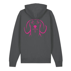 Magenta outline illustration of the head of a Dachshund on the back of an anthracite grey unisex Hoodie