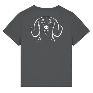 White outline illustration of the head of a Dachshund on the back of an anthracite grey ladies t-shirt
