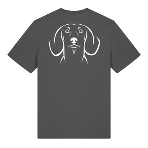 White outline illustration of the head of a Dachshund on the back of an anthracite grey unisex t-shirt
