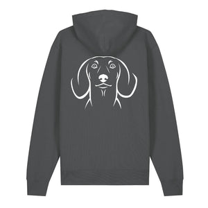 White outline illustration of the head of a Dachshund on the back of an anthracite grey unisex Hoodie