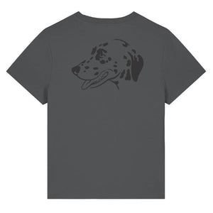 Black outline illustration of the head of a Dalmatian on the back of an anthracite grey ladies t-shirt